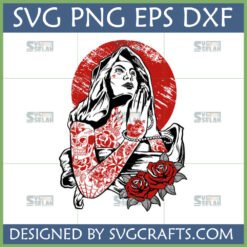 Praying Woman Tattoo SVG with intricate sleeve tattoos, skull, roses, and distressed red circle background, suitable for Cricut and sublimation.