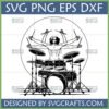 Vitruvian Drummer SVG Design for Cricut and Silhouette, featuring a multi-armed drummer with a full drum kit.