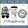 Volleyball Mom Life SVG bundle featuring a messy bun with sunglasses, a coffee cup, and a volleyball graphic, ideal for Cricut and sublimation crafts.