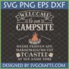 Welcome to Our Campsite SVG design with campfire and marshmallow roasting sticks, ideal for Cricut projects and personalized camping gear.