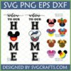 Collection of Disney and character-themed HOME SVG designs, featuring Mickey Mouse, Minnie Mouse, Donald Duck, Snow White, Wonder Woman, animal prints, and mermaid scales for custom home decor signs.