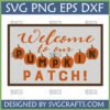 Farmhouse Pumpkin Patch SVG design for a fall welcome sign with pumpkins and text, compatible with Cricut and Silhouette cutting machines.