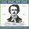 Edgar Allan Poe portrait SVG with 'When It Rains It Poes' pun banner, in a vintage black and white etching style, for literary crafts and gifts.