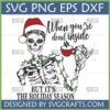 Funny Dead Inside Christmas Skeleton SVG with Santa hat, Christmas lights, and coffee mug, for sarcastic holiday designs.