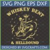 Whiskey Bent Hellbound SVG design featuring a skeleton cowboy riding a bomb, with stars and swirls, in a gold and dark grey palette.