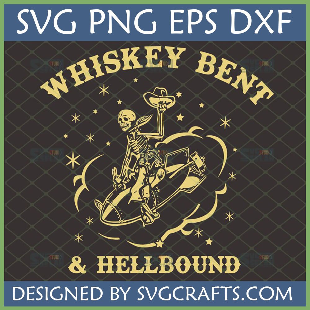 Whiskey Bent Hellbound SVG design featuring a skeleton cowboy riding a bomb, with stars and swirls, in a gold and dark grey palette.