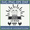 Wicked Chickens Deviled Eggs SVG design featuring a nest with devil horns, eggs, chickens, and text on a green grid background.