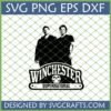 Winchester Supernatural SVG PNG DXF design featuring Sam and Dean silhouettes, 'Winchester Supernatural' text, and a skull.