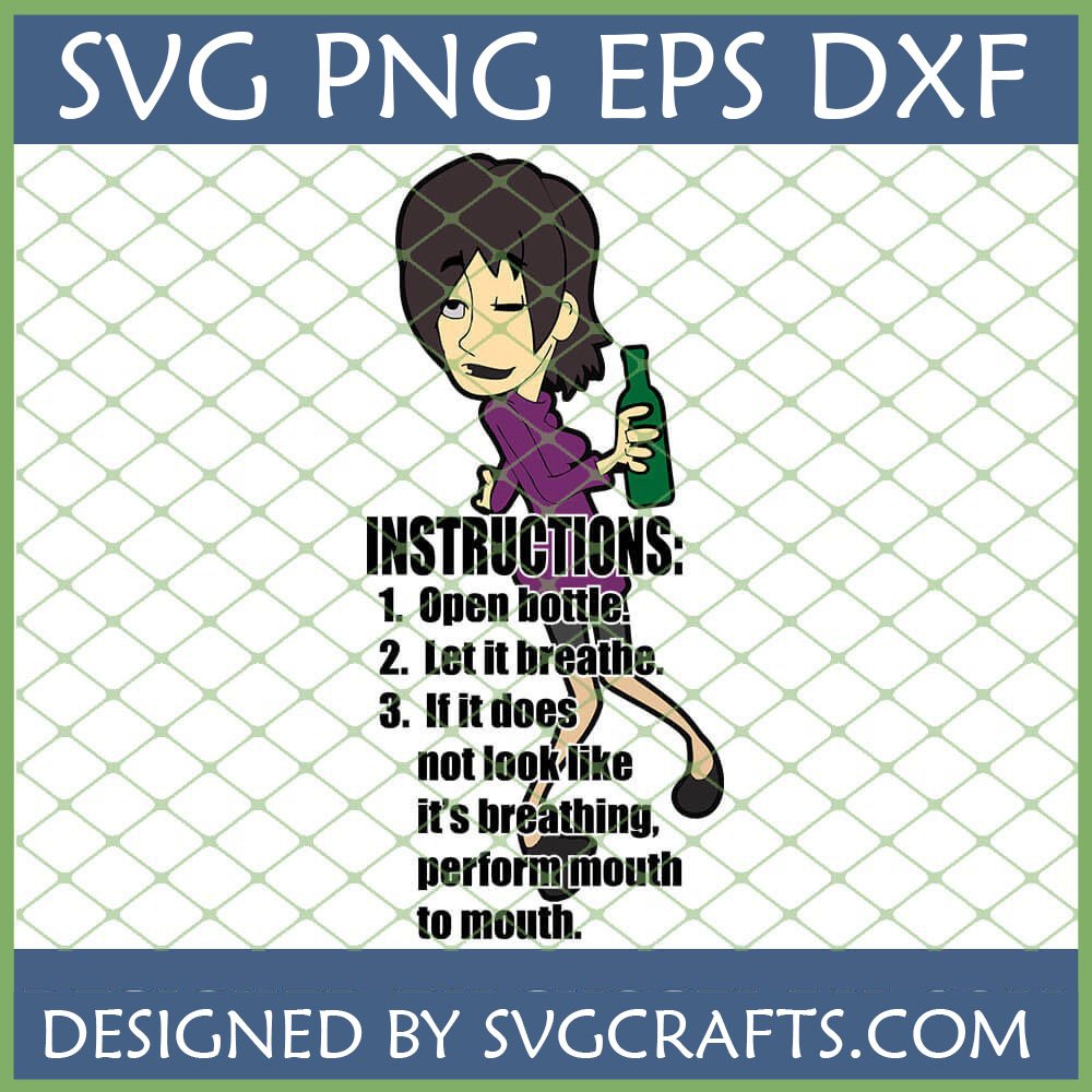 Funny Wine SVG design featuring a winking woman holding a bottle with 'mouth to mouth' drinking instructions, perfect for Cricut and sublimation crafts.