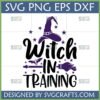 Funny Witch In Training SVG file with purple witch hat, bat, and broom for Halloween crafts