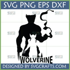 Wolverine SVG PNG DXF EPS digital design for Cricut and sublimation, featuring a black silhouette of Wolverine with claws and a smaller white stylized Wolverine figure.