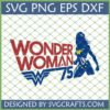 Wonder Woman 75th Anniversary SVG PNG DXF EPS digital design file by SVGCrafts, featuring red text and blue silhouette