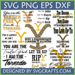 Yellowstone SVG Bundle with Beth Dutton and Rip Wheeler quotes, Dutton Ranch logo in leopard print, and Western designs for Cricut and sublimation.