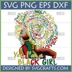 Yes I'm a Black Girl SVG digital design featuring an afro woman silhouette made of empowering words, suitable for Cricut and sublimation.