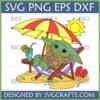 Grogu Beach Vacation SVG PNG DXF EPS featuring Baby Yoda in a Hawaiian shirt relaxing in a beach chair with a drink and umbrella.