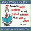 Dr Seuss Cat in the Hat Reading a Book SVG with 'Magic Wherever You Look' quote