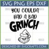 Funny Bad Grinch SVG for Christmas digital design with grumpy Grinch face and Santa hat