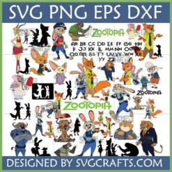 Zootopia SVG Bundle with Judy Hopps, Nick Wilde, Flash, and other characters in full color and silhouette, along with a Zootopia logo and alphabet.