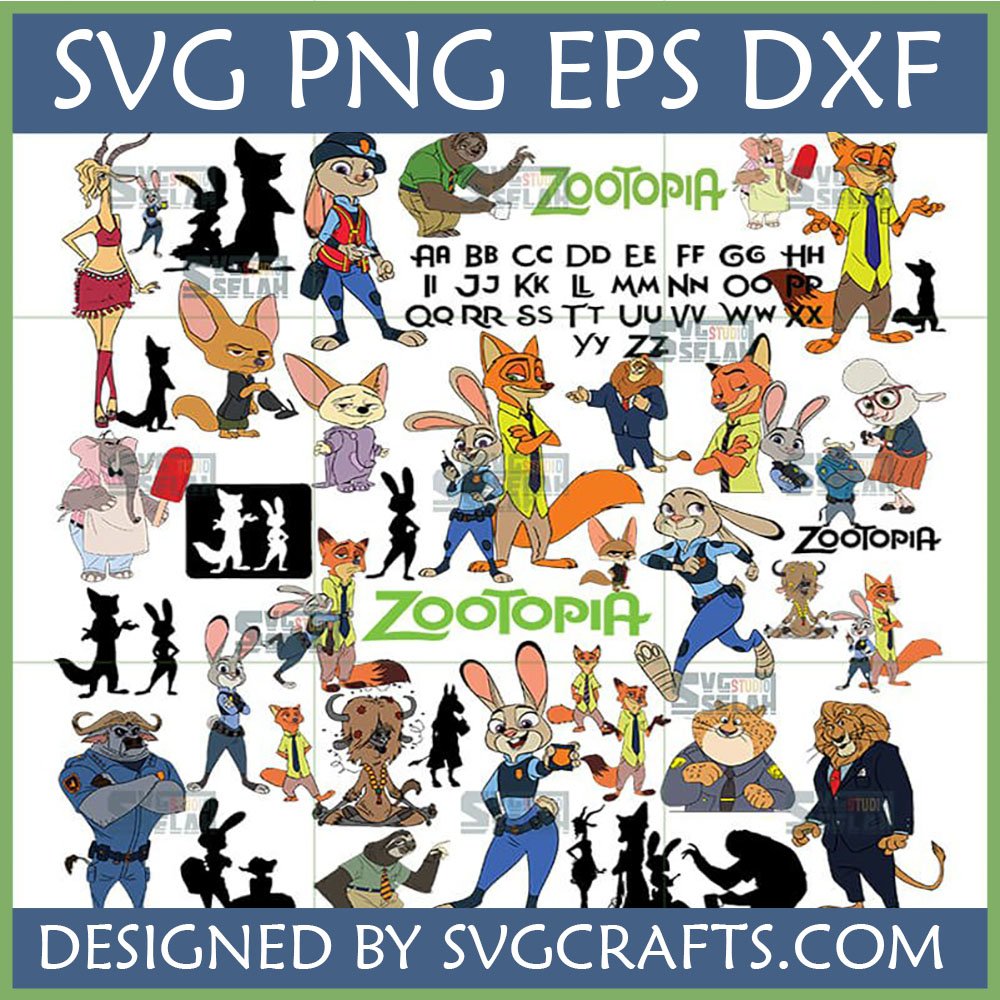 Zootopia SVG Bundle with Judy Hopps, Nick Wilde, Flash, and other characters in full color and silhouette, along with a Zootopia logo and alphabet.